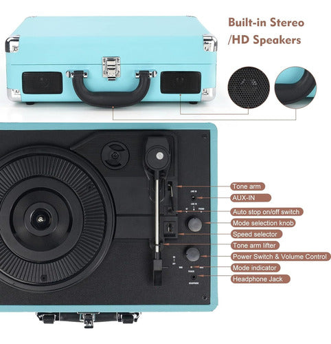 Tocadiscos Vintage Portátil Con Parlantes Y Bluetooth