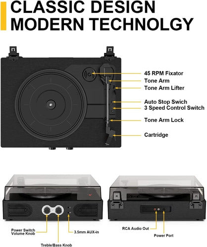 Tocadiscos Tornamesa Bluetooth Con Parlantes Estilo Vintage