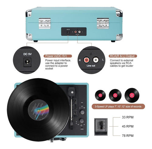 Tocadiscos Vintage Portátil Con Parlantes Y Bluetooth